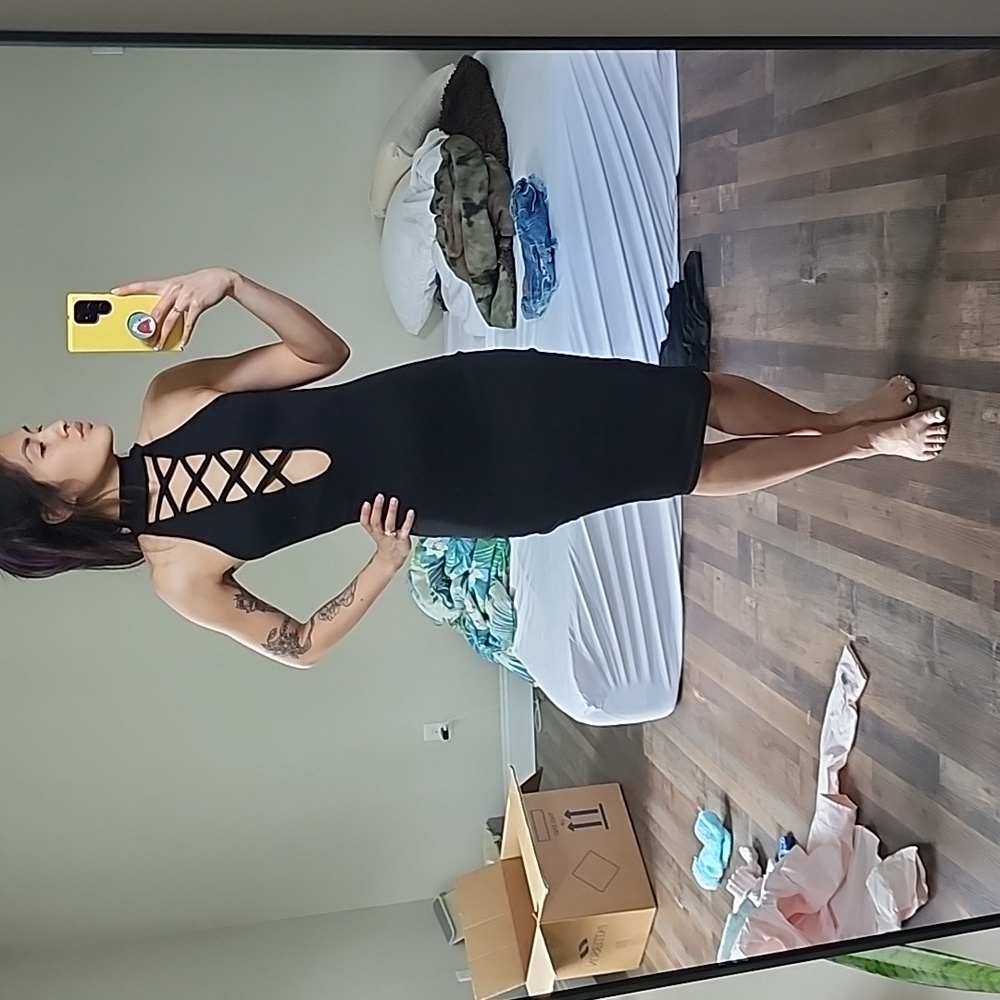 Black criss cross high neck body con dress